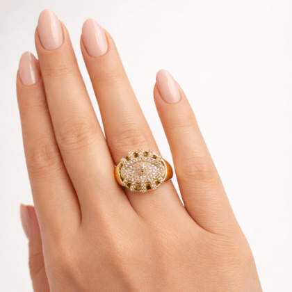 VIP Oval Zirkon Taşlı Gold Yüzük – Luxury Statement Tasarım