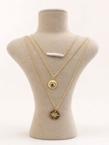 çok katmanlı altın kaplama kolye seti inci ve nazar boncuk detaylı kadın kolye
