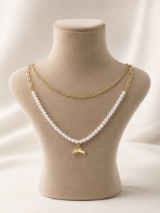 İnci ve gold zincir detaylı deniz kabuğu uçlu çok katlı şık kadın kolye