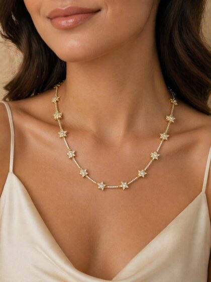 Yıldız figürlü zirkon taşlı gold kolye, ışıltılı ve zarif kadın kolyesi