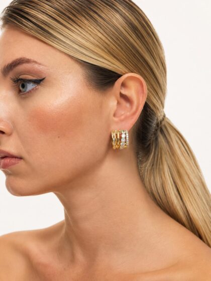 Kadın altın kaplama siyah zirkon taşlı halka küpe modeli